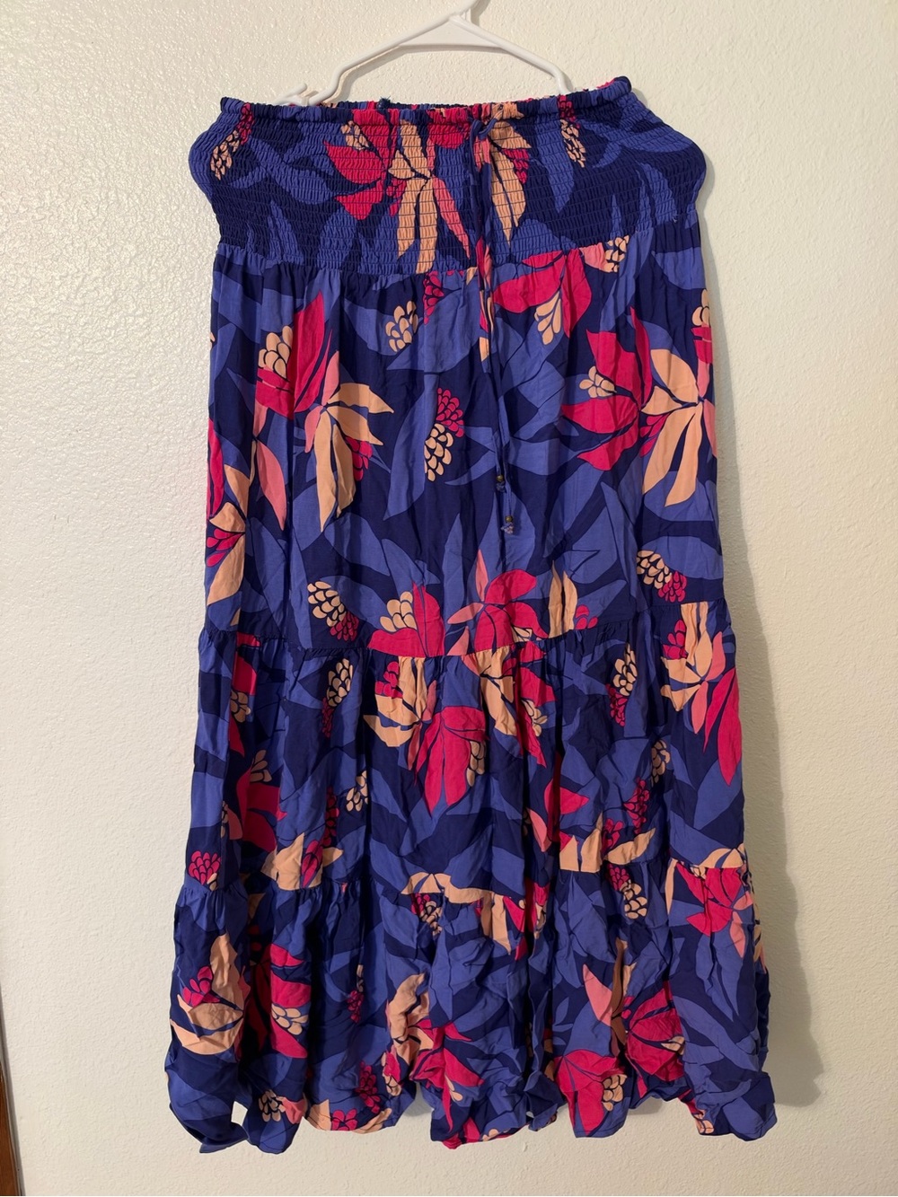 Navy Floral Smocked Maxi Skirt with Pink & Peach Accents